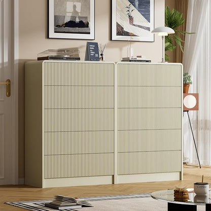 Furniway Beige 5 Drawer Dresser for Bedroom, Curved Tall Dresser with Push-to-Open Design, Chest of Drawers for Bedroom, Living Room, Hallway, 15.7”D x 32”W x 47.2”H