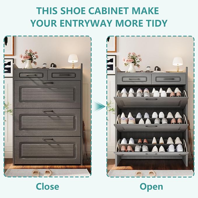 Shoe Cabinet Storage for Entryway with 3 Large Flip Drawers & 2 Storage Drawers, Narrow Shoe Organizer Cabinet Fits for Kinds of Shoes, Slim Shoe Storage Cabinet for Entryway, Hallway, Dark Grey