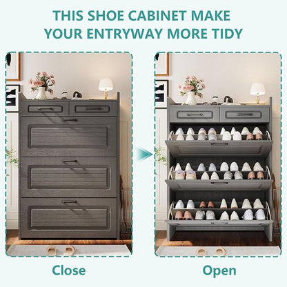 Shoe Cabinet Storage for Entryway with 3 Large Flip Drawers & 2 Storage Drawers, Narrow Shoe Organizer Cabinet Fits for Kinds of Shoes, Slim Shoe Storage Cabinet for Entryway, Hallway, Dark Grey