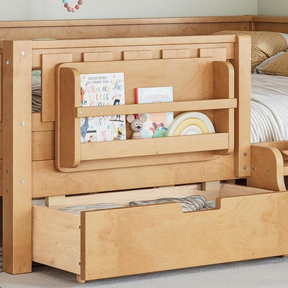 Bellemave Queen Size Bed with Slats and Stairs, Queen Size Platform Bed Frame with Fence, Bookshelf and Storage Drawers, Easy Assemble Beds for Girls, Boys, Deep Natural