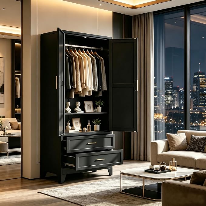 71" H Black Armoire Wardrobe Closet with Drawers,Metal Wardrobe Closet with Doors and Shelves,Tall Wardrobe Closet for Bedroom
