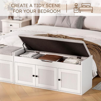 40" Storage Bench - Entryway Shoe Bench with 3 Doors and Top Storage Area, Multifunctional Entryway Bench with Lift Top Cushion, Shoe Storage Bench for Bedroom, Living Room, White
