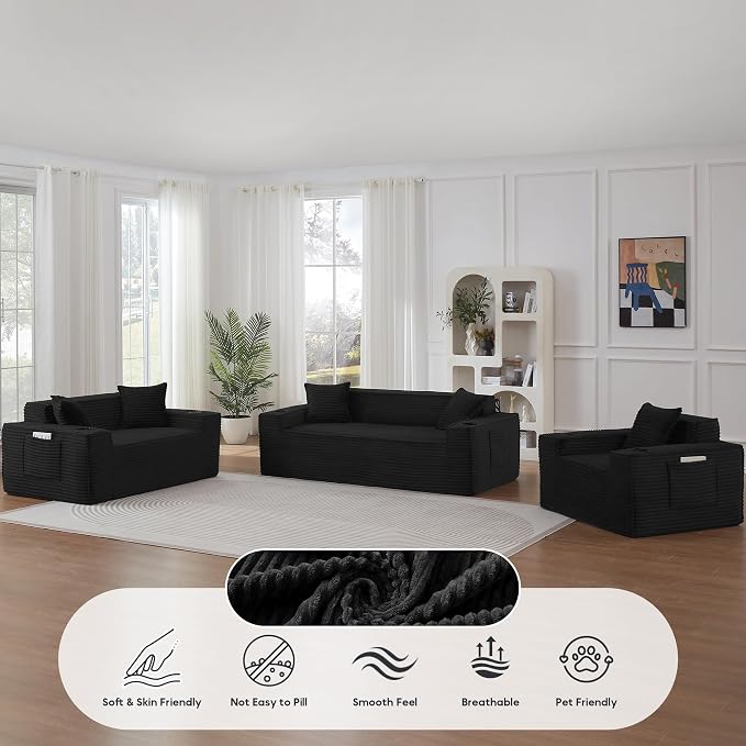 Boneless Sectional Sofa 3 Piece Set with Cup Holders & Side Pockets, Modern Corduroy Fabric Deep Seat Cloud Couch Living Room, Office, No Assembly (Black)