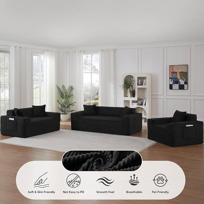 Boneless Sectional Sofa 3 Piece Set with Cup Holders & Side Pockets, Modern Corduroy Fabric Deep Seat Cloud Couch Living Room, Office, No Assembly (Black)