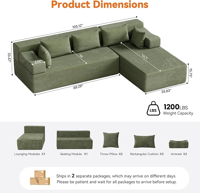 MONVANE 106" Cloud Sectional Couch with L-Shaped Chaise, Modular Sectional Sofa with Deep Seat and Removable Armrests, Comfy Corduroy Boneless Couches for Living Room, No Assembly Required, Green