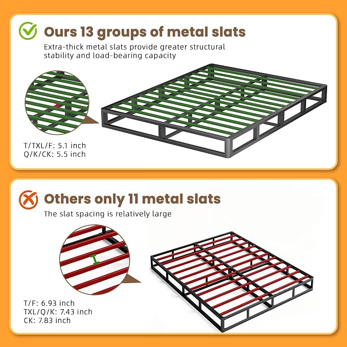 VIPSHOW 7 Inch King Metal Box Spring with Round Corners - 3000 lbs Capacity, High Profile Heavy Duty Mattress Foundation with Steel Slats, Noise-Free, Easy Assemble, Black
