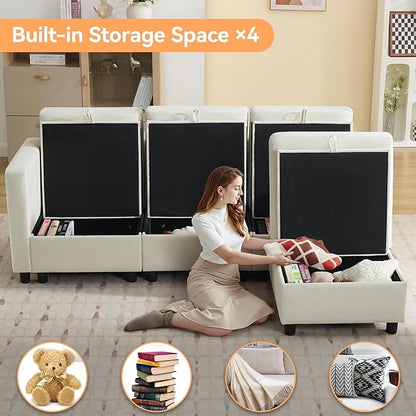 WUTUTUEE 83”L-Shaped Modular Sectional Sofa with Storage & Movable Ottoman, Convertible 4-Seat Reversible Chaise Chenille Couch for Living Room, Soft Beige Fabric, Modern Design