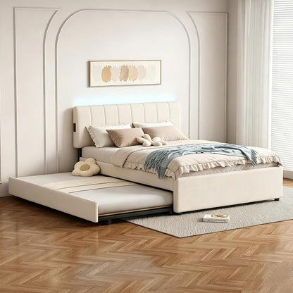 Full Size Upholstered Platform Bed with Pull-Out Trundle Bed | Twin Size Trundle, LED Lighting Controlled by APP, USB+Type-C Charging Ports, Chenille Upholstered Bed Frame,Beige