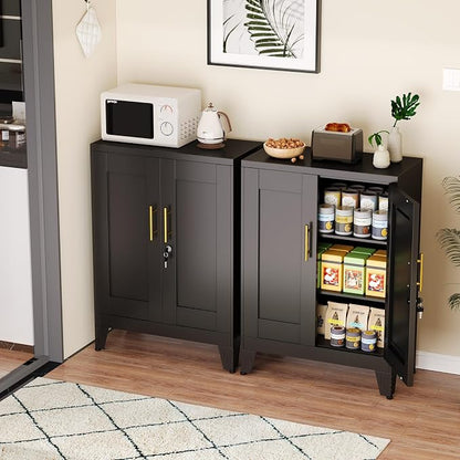 Black Metal Storage Cabinet, 36" Tall Locking Storage Cabinet, 12”D | with 2 Adjustable Shelves, Steel Locker Organizer, Metal Freestanding Buffet Cupboards Sideboard for Office, Home, School,2PS