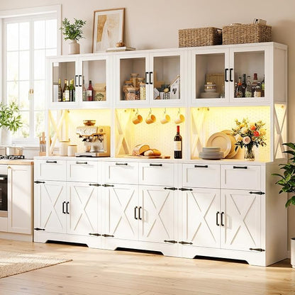 Unikito 94.5" Extra Wide Kitchen Pantry Cabinet with 3 Power Outlets & LED Light, 71" Tall Large Kitchen Hutch Cabinet with Countertop, DIY Pegboard with Hooks & Drawers, Farmhouse Food Pantry, White