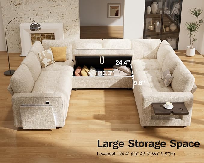 Vipbear 8 Seat U Shaped Modular Sectional Sleeper Sofa with Pull Out Bed/Reclining Backrest/USB Ports/Table/LED Light/Storage Seat, Sectional Sleeper Couch, Tool-Free Assembly, Chenille Beige