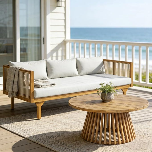 Merax Outdoor Acacia Wood Conversation Set - Patio 3-Seat Loveseat Sofa w/Coushion and Round Coffee Table for Backyard, Lawn, Balcony, Water Repellent, 600 lbs Sofa Capacity, Teak +Light Gray