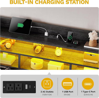 YITAHOME Queen Size Bed Frame with RGB LED Lights & Storage Bookcase Headboard, Upholstered Bed with Charging Station and 4 Drawers, No Box Spring Needed, Easy Assembly, Noise-Free, Velvet Grey