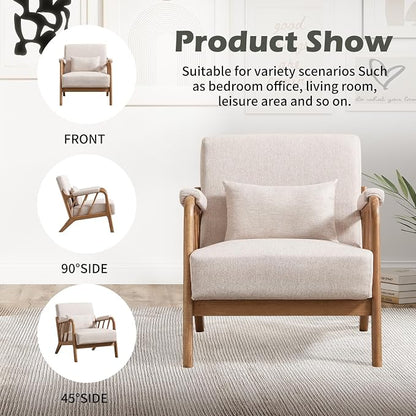 INZOY Mid Century Modern Accent Chair with Wood Frame, Upholstered Reading Armchair with Soft Linen Fabric, Accent Chair for Living Room Bedroom Apartment, Easy Assembly, Beige