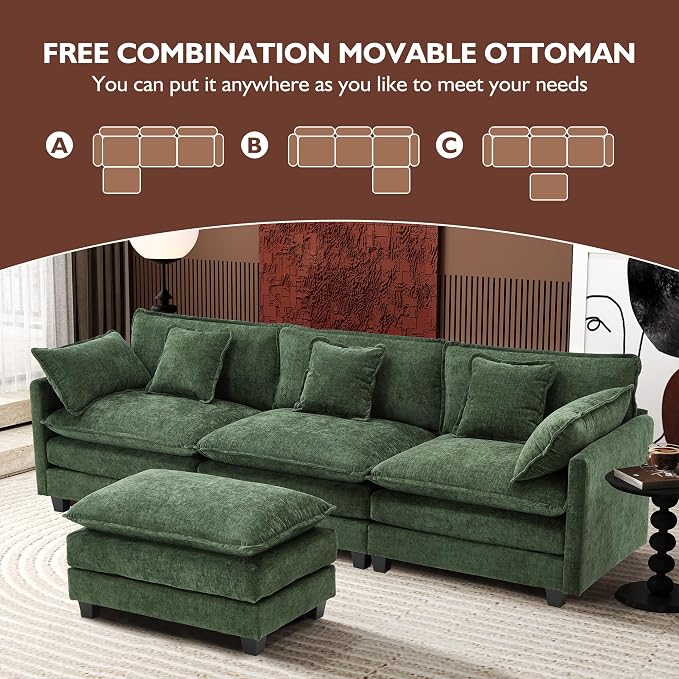Ihanherry 111.4" L Shaped Modern Sofa Modular Sectional Cloud Couch with Ottoman, 4-Seat Chenille Deep Seat Sofa with Pillow for Living Room, Bedroom and Apartment, Green