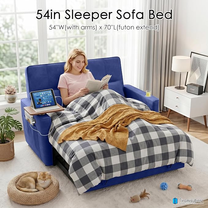 54'' Sleeper Sofa Bed, Convertible Pull Out Couch Futon for for Living Room,Apartment (Blue) Side Desk, USB Ports, Cup Hold, Velvet Fabric, Adjustable Backrest, Easy Assembly