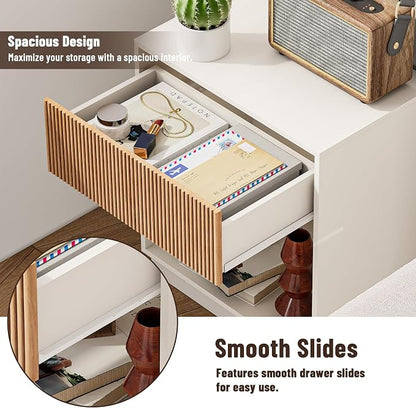 Fluted Nightstands Set of 2, Modern Bedside Table with Drawer and Storage Shelf, Wood End Table Mid Century Night Stands for Bedroom Living Room Sofa Couch Office (White+Oak)