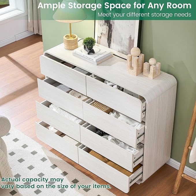 Standifurno 47’’ Wide Dresser with 8 Drawers, White Chest of Drawers with Deep Drawers & Handleless, Wooden Storage Organizer for Bedroom, Living Room, Hallway