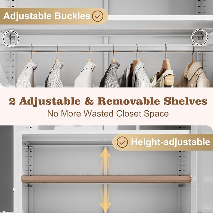 71" Arched Metal Wardrobe Closet with Full-Length Mirror, French Elegance Steel Armoire Clothes Storage Cabinet with Hanging Rod & Adjustable Shelves for Bedroom Home Office, 18" Deep White
