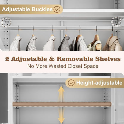 71" Arched Metal Wardrobe Closet with Full-Length Mirror, French Elegance Steel Armoire Clothes Storage Cabinet with Hanging Rod & Adjustable Shelves for Bedroom Home Office, 18" Deep White
