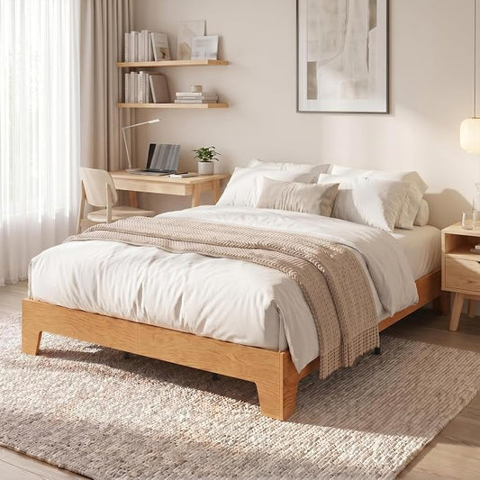 IDEALHOUSE Full Size Wood Bed Frame,Platform Nature Bed with Strong Wooden Slats,No Box Spring Needed,Minimalist Bedroom Furniture,Contemporary Wooden Bed Frame,Easy Assembly