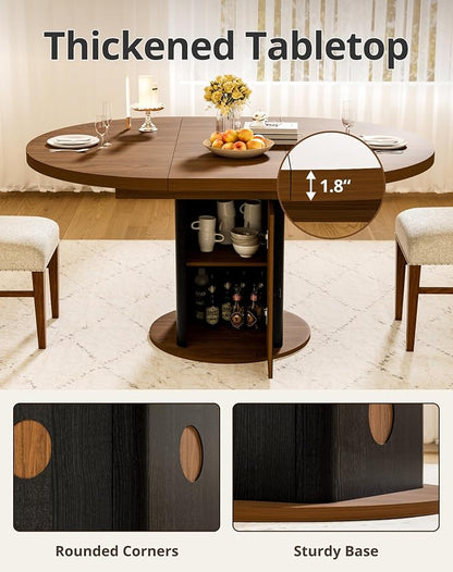 43"-59" Extendable Round Dining Table for 4-8, Oval Kitchen Table with Hidden Storage, Modern Farmhouse Wooden Dining Room Table for Kitchen Living Room, Walnut