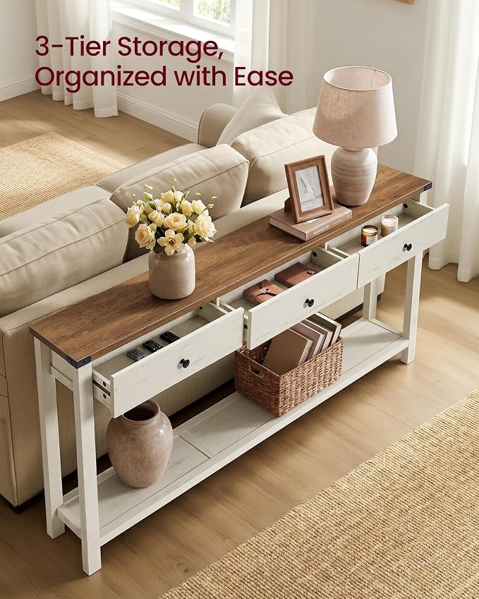 VASAGLE LIRY Collection Narrow Console Table with 3 Drawers and Shelf, Sofa Table 9.4 x 63 x 29.9 Inch, Easy Assembly, Entryway, Living Room, Farmhouse Style, Honey Brown and Rustic White ULNT148W101
