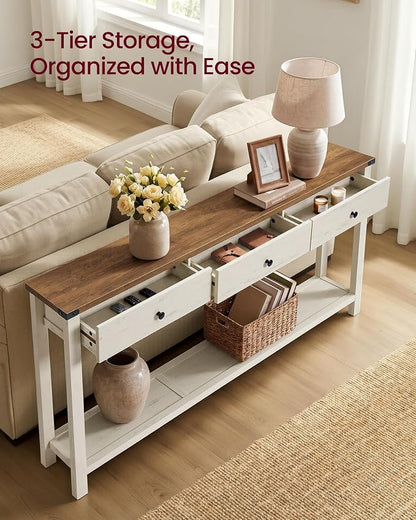 VASAGLE LIRY Collection Narrow Console Table with 3 Drawers and Shelf, Sofa Table 9.4 x 63 x 29.9 Inch, Easy Assembly, Entryway, Living Room, Farmhouse Style, Honey Brown and Rustic White ULNT148W101