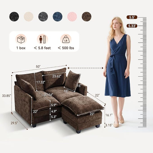 L-Shape Loveseat Sofa Couch with Ottoman, Small 50" Love Seat 27" Deep Cloud Sofa Washable Chenille Pillow for Apartment Bedroom Dorm Attic Studio Office Living Room Small Space 8833-BROWN-L