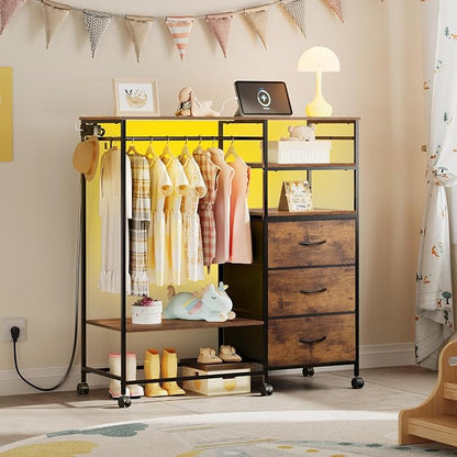 WLIVE Dresser with Hanging Rack for Bedroom, 3 Drawer Dresser with LED Lights & Charging Station, Fabric Dressers & Chest of Drawers, Storage Organizer with Open Shelves for Living Room, Brown