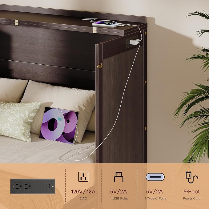 Bellemave Queen Murphy Bed with Charging Station and Storage, Farmhouse Murphy bedframe with Foldable Panel, Noisy Free, for Guest Bedroom, Living Room, Coffee