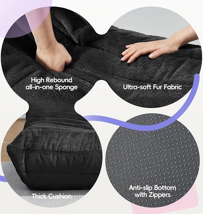 Hobestluk Medium Bean Bag Chair Faux Fur Fabric BeanBag Couch for Playroom | Black Plush,Ergonomic Design,Memory Foam,Strong Supportive,No Assembly Required,Decorative Style for Living Room Bedroom
