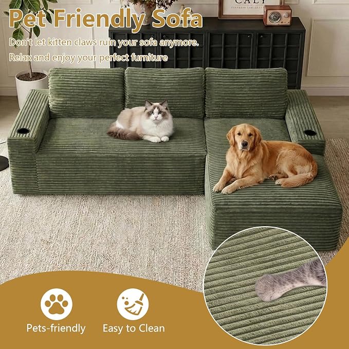 104" Cloud Sectional Couch L-Shaped with Side Pockets Cup Holders, Corduroy Boneless Couch for Living Room,Upholstered Deep-Seat Modular Sectional Sofa, No Assembly Required(Green,Right Facing Chaise)