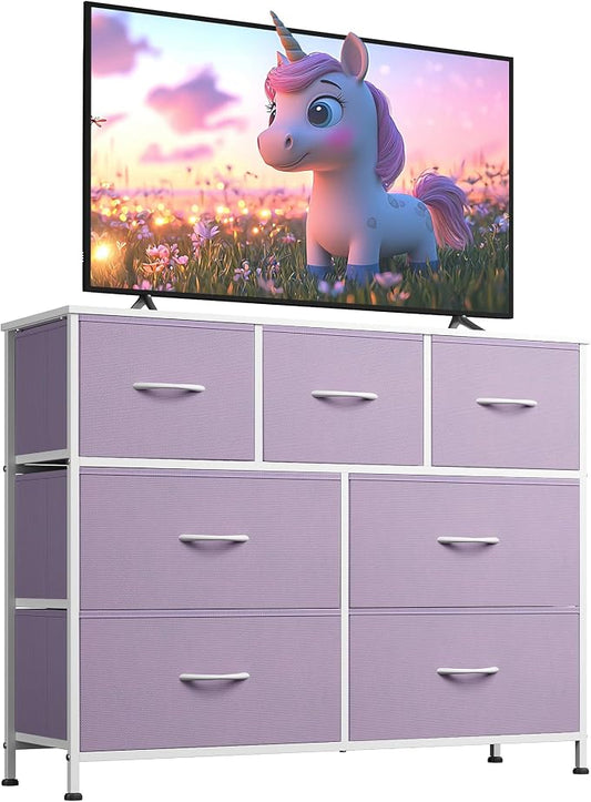 WLIVE 7 Drawer Dresser TV Stand, Entertainment Center, Media Console Table with Metal Frame and Wood Top for TV up to 45 inch, Chest of Drawers for Bedroom, Living Room, Purple