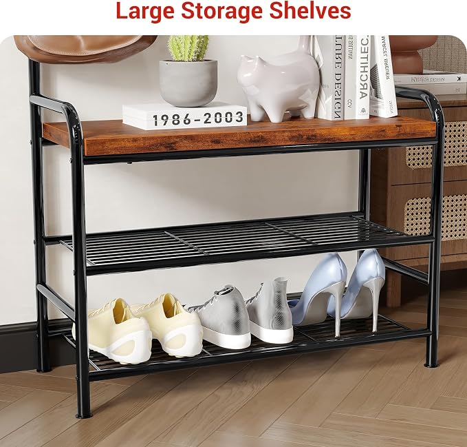 OUTLANE Hall Tree Shoe Bench for Entryway, Hall Tree with Bench and Shoe Storage, 4-in-1 Coat Rack Storage Bench with 8 Hooks, Freestanding Entryway Organizer for Hallway, Bedroom, Small Spaces, Brown