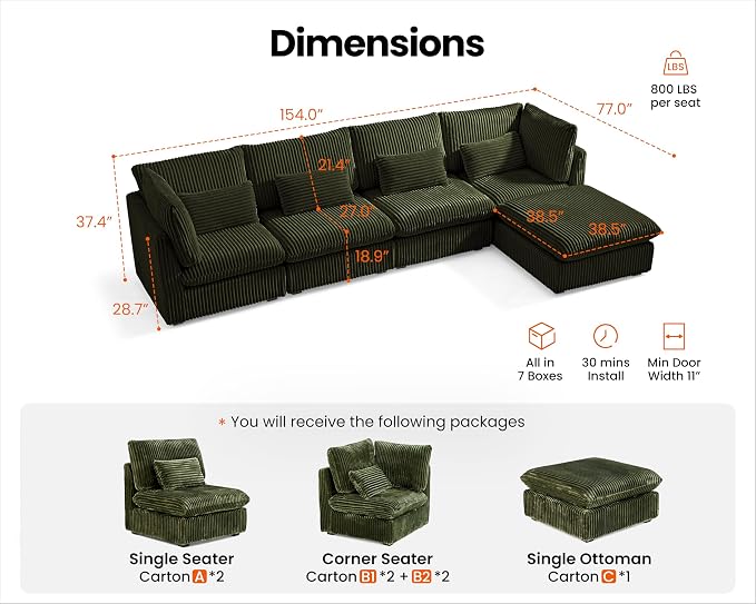 154" Oversized Corduroy Couch Modular Sectional Sofa, Washable Cloud Couch Sectional with Ottoman, 5 Seater Sectional Couches for Living Room, Fully Cover Removable, L Shaped, Corduroy, Green