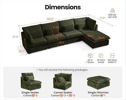 154" Oversized Corduroy Couch Modular Sectional Sofa, Washable Cloud Couch Sectional with Ottoman, 5 Seater Sectional Couches for Living Room, Fully Cover Removable, L Shaped, Corduroy, Green