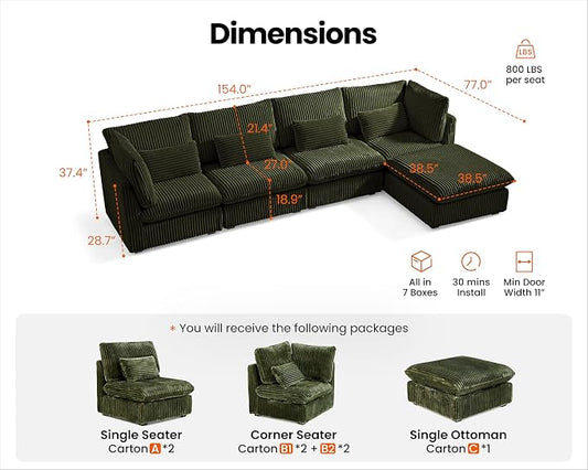 154" Oversized Corduroy Couch Modular Sectional Sofa, Washable Cloud Couch Sectional with Ottoman, 5 Seater Sectional Couches for Living Room, Fully Cover Removable, L Shaped, Corduroy, Green