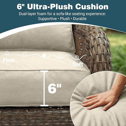 Patio Furniture Set, 8PCS Outdoor Wicker Conversation Set with 6" Thick Cushions, High Back Rattan Sofa & Swivel Rocker Chairs, Weather Resistant Olefin Fabric for Garden, Poolside, Beige