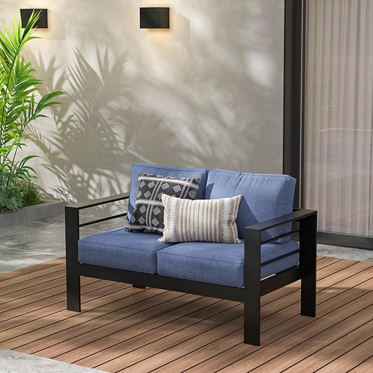 Wisteria Lane Aluminum Outdoor Sofa, 2 Seats Patio Couch All-Weather Rust-Proof Modern Metal Patio Furniture with 5" Thick Olefin Cushions, Light Grey