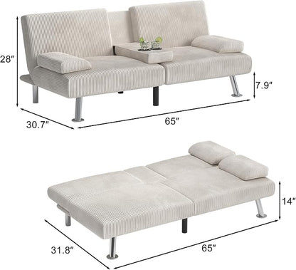 Shahoo Modern Upholstered Convertible Folding Futon Sofa Bed with Removable Armrests, Metal Legs, 2 Cup Holders for Living Room, Beige