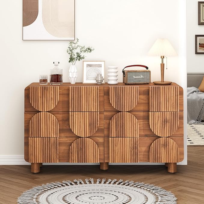 Fluted Dresser for Bedroom with 6 Drawers, 54" Wide Mid Century Modern Chest of Drawers , Wooden Curved Dresser TV Stand, Wood Closet Clothes Storage Organizer for Living Room, Hallway, Walnut