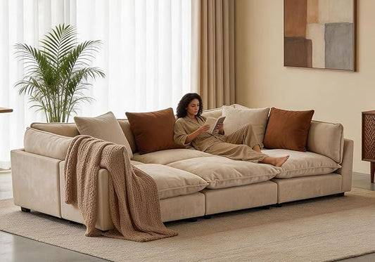 Iroomy Modular Sectional Sofa, Oversized Chenille Cloud Couch, Deep Comfy Seat, 6-Seater Sofas Couches for Living Room, Beige