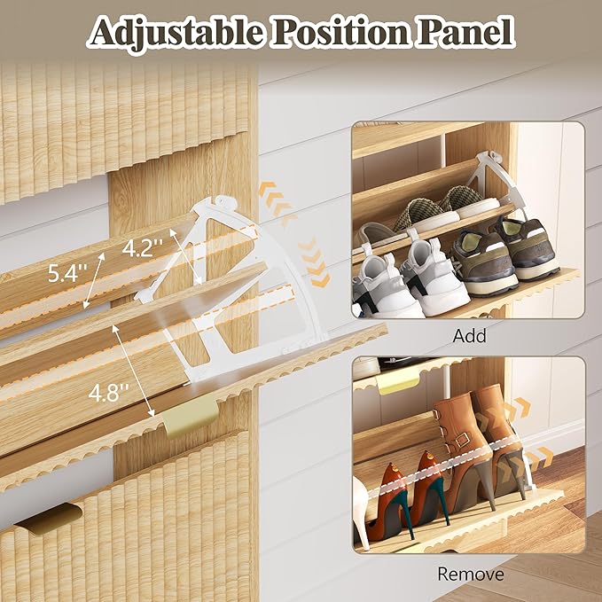 HUANLEGO Shoe Cabinet Storage for Entryway with 4 Flip Drawers, Fluted Narrow Shoe Organizer with Wooden Legs & Top Cubby, Freestanding Slim Shoe Storage Hidden Shoe Rack for Front Door Entrance, Oak