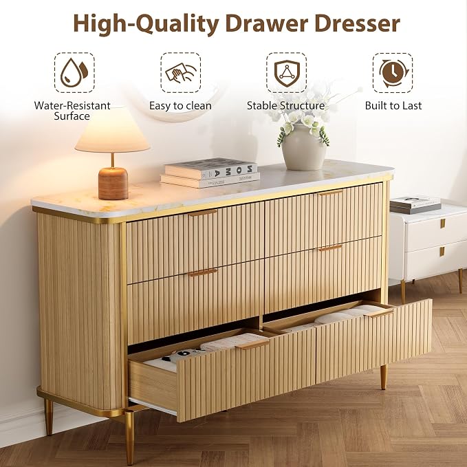 Fluted 6 Drawers Dresser for Bedroom, 55" Wide Modern Vertical Chest with Faux Marble Top, Dresser TV Stand, Wood Drawer Organizer for Living Room, Hallway