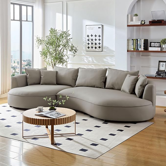 KEIKI 129" Curved Oversized Modular Bonded Leather Sectional Sofa with Left Chaise, 4 Pillows, 3 Back Cushion, Modern Style Comfy 5-Seater Couch, Easy Assembly, for Apartment, Living Room, Light Grey