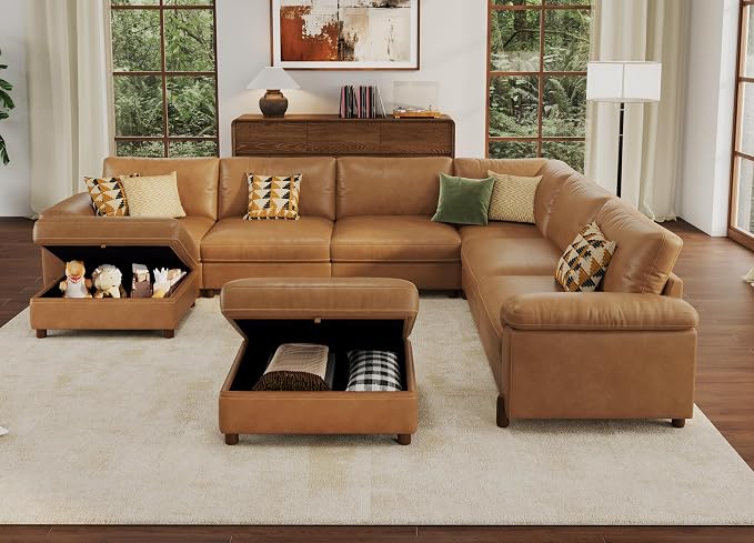 SITJOY Large Cloud Couch, 138" Wide 6 Seater V Shape, Faux Leather in Brown | Pet-Friendly Scratch-Resistant Leather Sectional Sofas for Living Room, Deep Seat Wide Couch with Chaise, Storage Ottoman