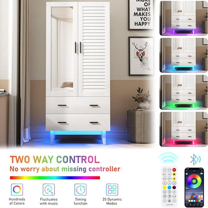 Hlivelood 2 Door Armoire Wardrobe Closet Cabinet with Mirror, Drawers and LED Lights, Multi-Tier Shelves, Hanging Rod & 2 Louver Doors, Large Capacity Storage Wardrobe Armoire for Bedroom, White