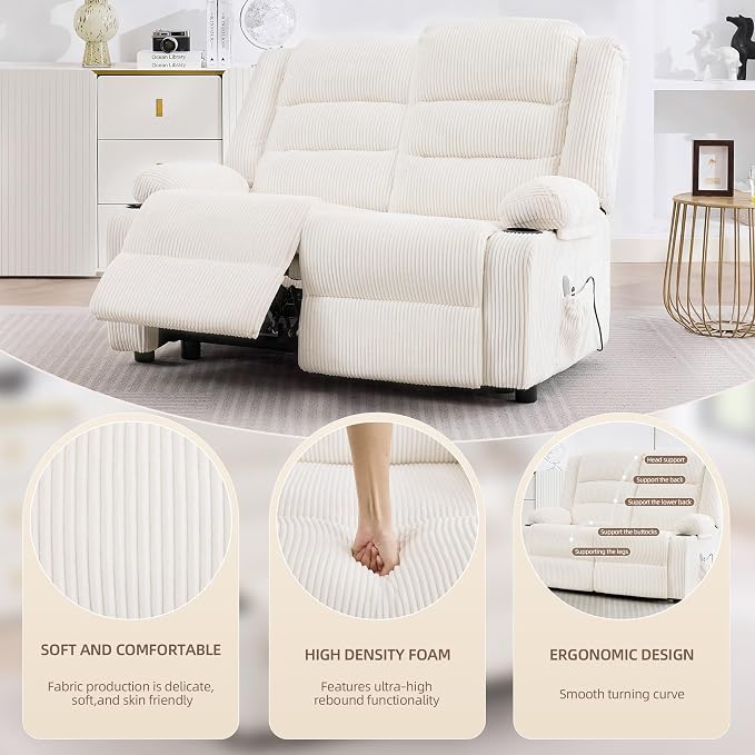 52Inch Reclining Loveseat Sofa,Power Loveseat Recliner,Electric Love seat Recliner Sofa for Bedroom,Living Room with Charging Ports,Striped White