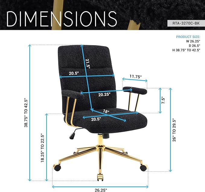 Techni Mobili Boucle Office Chair, Adjustable Desk Chair, Black & Gold | Black boucle office chair, gold base, padded seat, height adjustable, modern desk chair, textured fabric, swivel, ergonomic